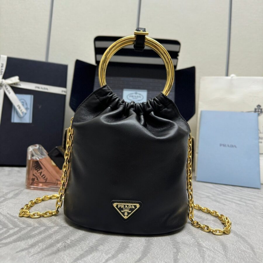 MINI BUCKET BAG 19 IN BLACK SOFT NAPPA LAMBSKIN GOLD HARDWARE | Studio Nafay