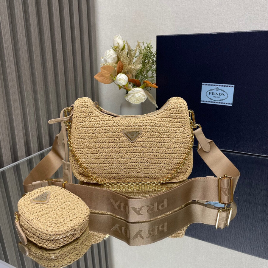 WOVEN HOBO BAG 23 IN BEIGE RAFFIA GOLD HARDWARE TRIANGLE LOGO | Studio Nafay
