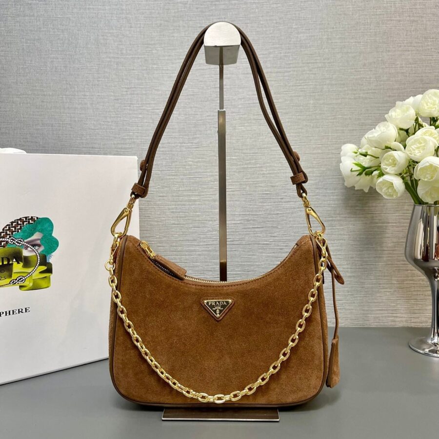 HOBO BAG 23 IN RUSSET BROWN SUEDE GOLD CHAIN | Studio Nafay
