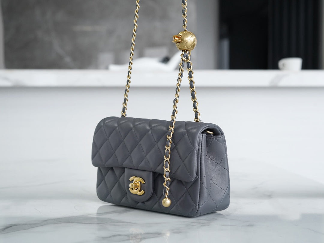 CHANEL CLASSIC FLAP BAG MINI RECTANGE 20 ROCK GRAY LAMBSKIN GOLD HARDWARE