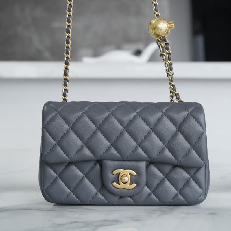 CHANEL CLASSIC FLAP BAG MINI RECTANGE 20 ROCK GRAY LAMBSKIN GOLD HARDWARE | Studio Nafay
