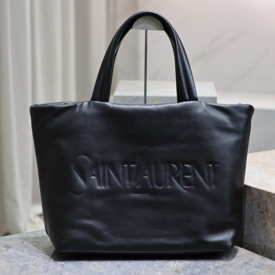 TOTE BAG 50 IN BLACK CALFSKIN WITH EMBOSSED LOGO | Studio Nafay