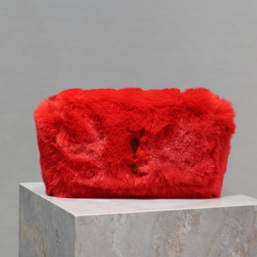 KATE SMALL BAG 22 IN SCARLET RED RABBIT FUR GOLD CHAIN | Studio Nafay