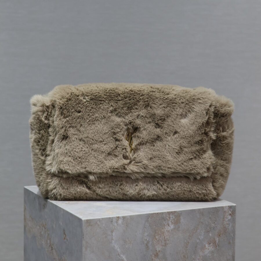 KATE FLAP BAG 28 IN ECRU BEIGE RABBIT FUR GOLD CHAIN | Studio Nafay