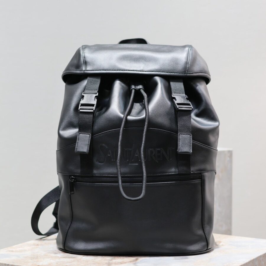 BACKPACK 45 IN BLACK CALFSKIN WITH EMBOSSED LOGO | Studio Nafay
