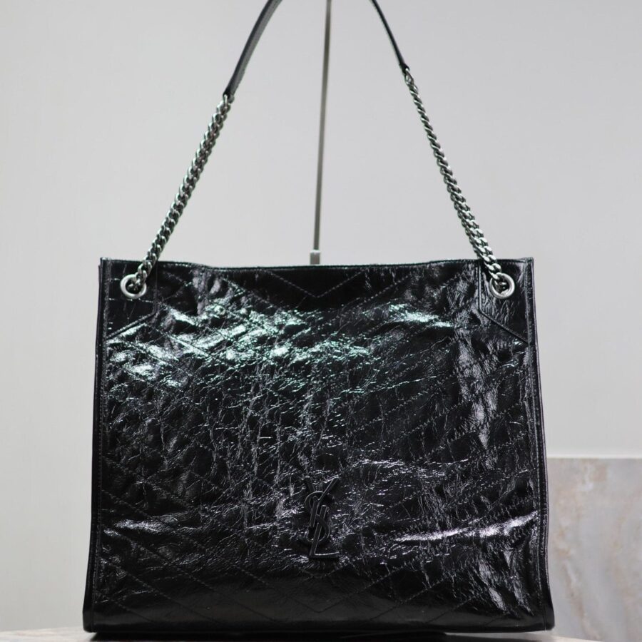 NIKI SHOPPING BAG 39 IN BLACK CRUMPLED CALFSKIN SILVER HARDWARE | Studio Nafay