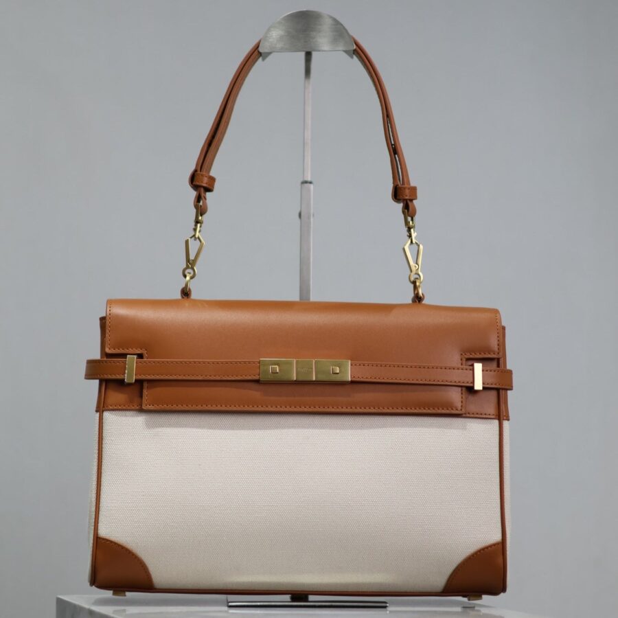 MANHATTAN HANDBAG 32 IN BROWN CALFSKIN AND WHITE CANVAS GOLD HARDWARE | Studio Nafay