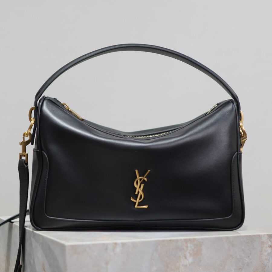 CAMERA SUPPLE BAG 28 IN BLACK SMOOTH LAMBSKIN GOLD HARDWARE | Studio Nafay