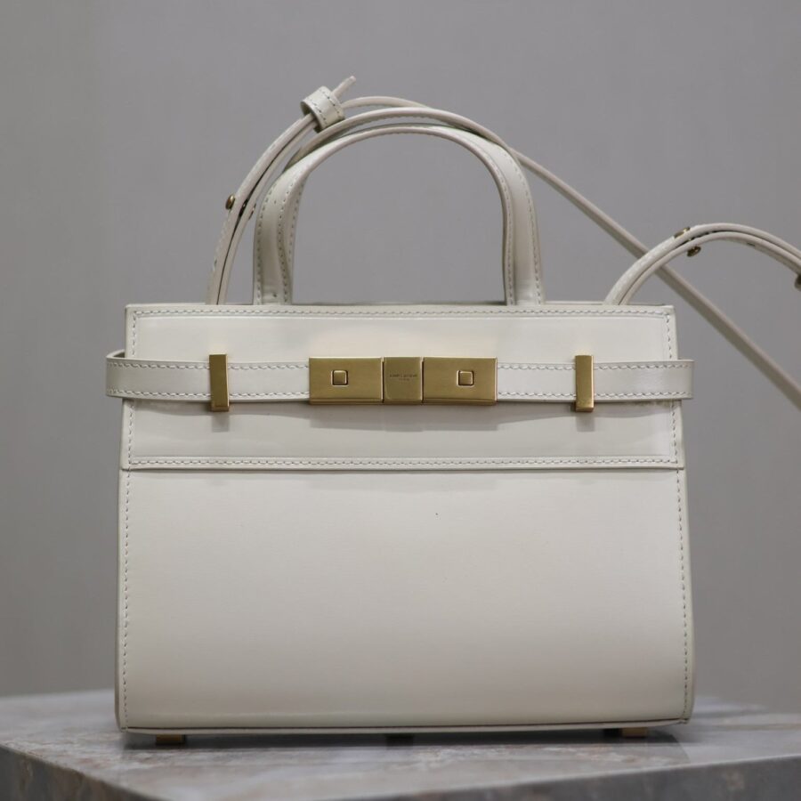 MANHATTAN SMALL TOP HANDLE BAG 21 IN WHITE CALFSKIN GOLD HARDWARE | Studio Nafay