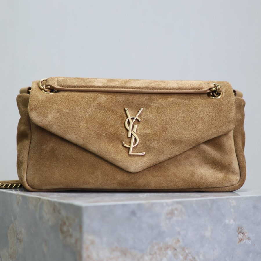 CALYPSO BAG 26 IN CIDER BROWN SUEDE GOLD HARDWARE | Studio Nafay