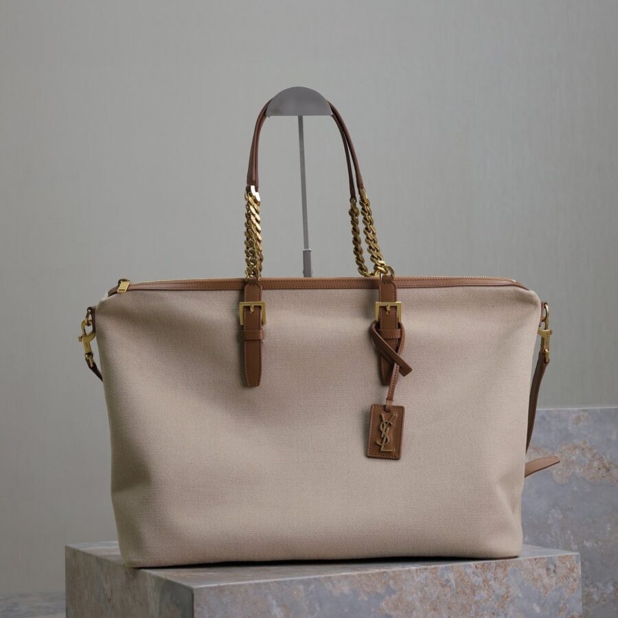 TRAVEL BAG 48 IN WHITE CANVAS AND BROWN LEATHER TRIM GOLD HARDWARE | Studio Nafay