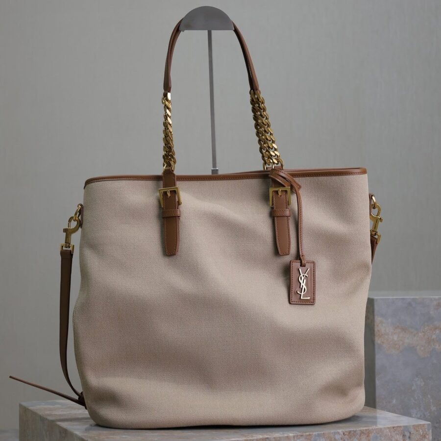 TOTE BAG 38 IN WHITE CANVAS AND BROWN LEATHER TRIM GOLD HARDWARE | Studio Nafay