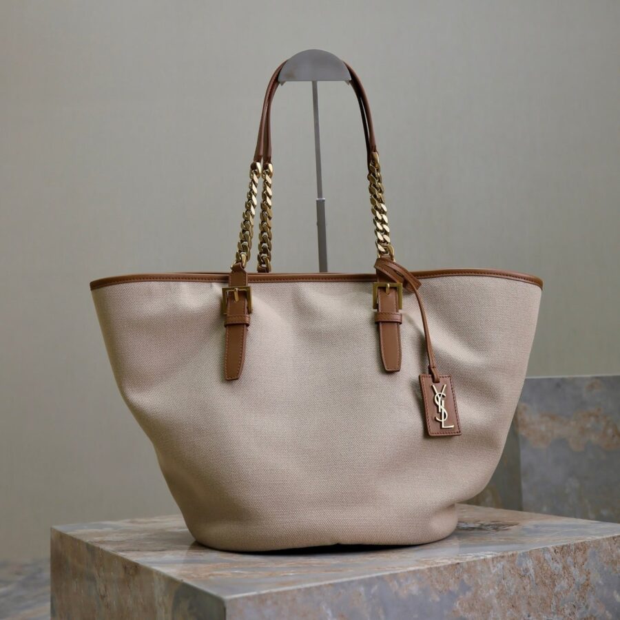 TOTE BAG 47 IN WHITE CANVAS AND BROWN LEATHER TRIM GOLD HARDWARE | Studio Nafay