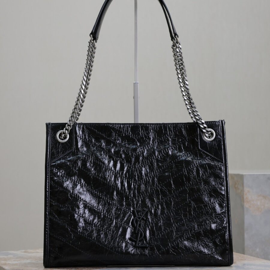 NIKI SHOPPING BAG 33 IN BLACK CRUMPLED CALFSKIN SILVER HARDWARE | Studio Nafay