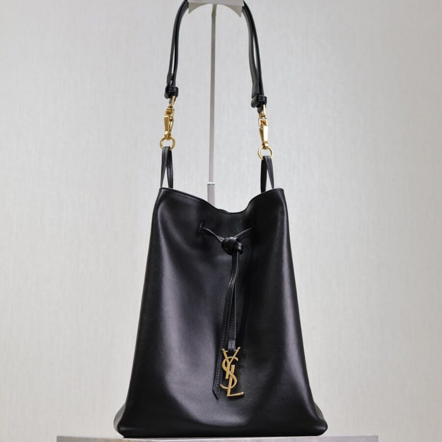POCHON BUCKET BAG 30 IN BLACK LAMBSKIN GOLD HARDWARE | Studio Nafay