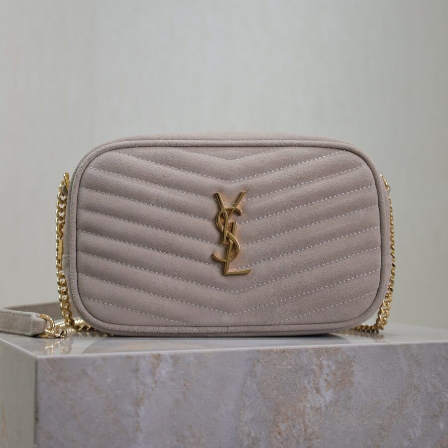 LOU MINI CAMERA BAG 18 IN SILVER PINK SUEDE GOLD HARDWARE | Studio Nafay