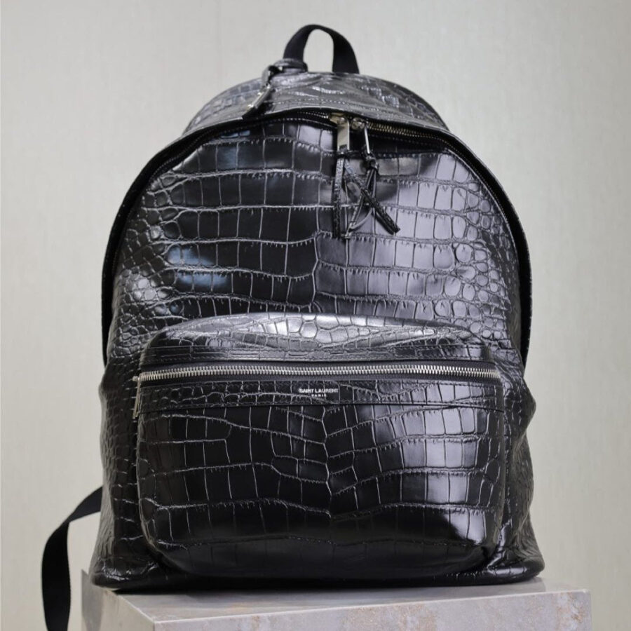CITY BACKPACK 38 IN BLACK CROCODILE EMBOSSED CALFSKIN | Studio Nafay