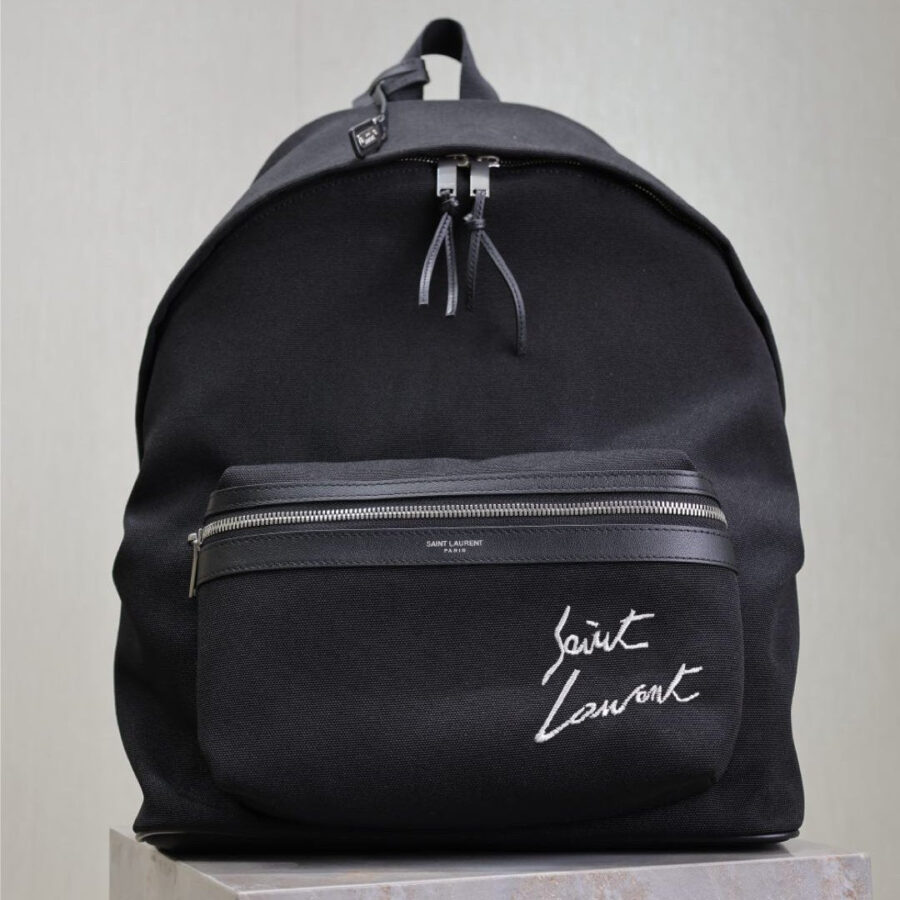 CITY BACKPACK 38 IN BLACK CANVAS WITH WHITE EMBROIDED LOGO | Studio Nafay
