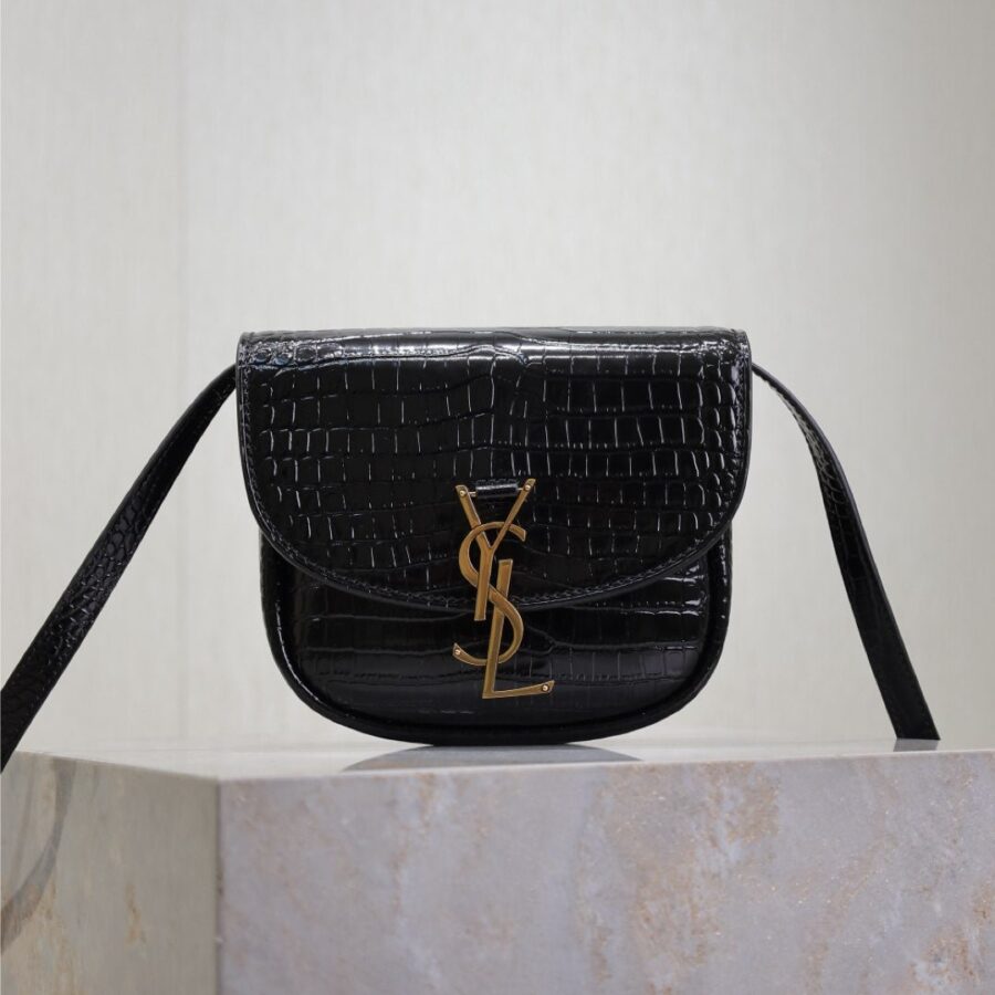 KAIA SMALL CROCODILE PATTERN BAG 18 IN BLACK GLOSSY CALFSKIN COPPER HARDWARE | Studio Nafay