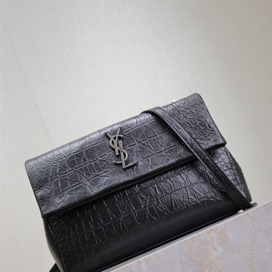 WEST HOLLYWOOD BAG 28 IN BLACK CROCODILE TEXTURED CALFSKIN SILVER HARDWARE | Studio Nafay