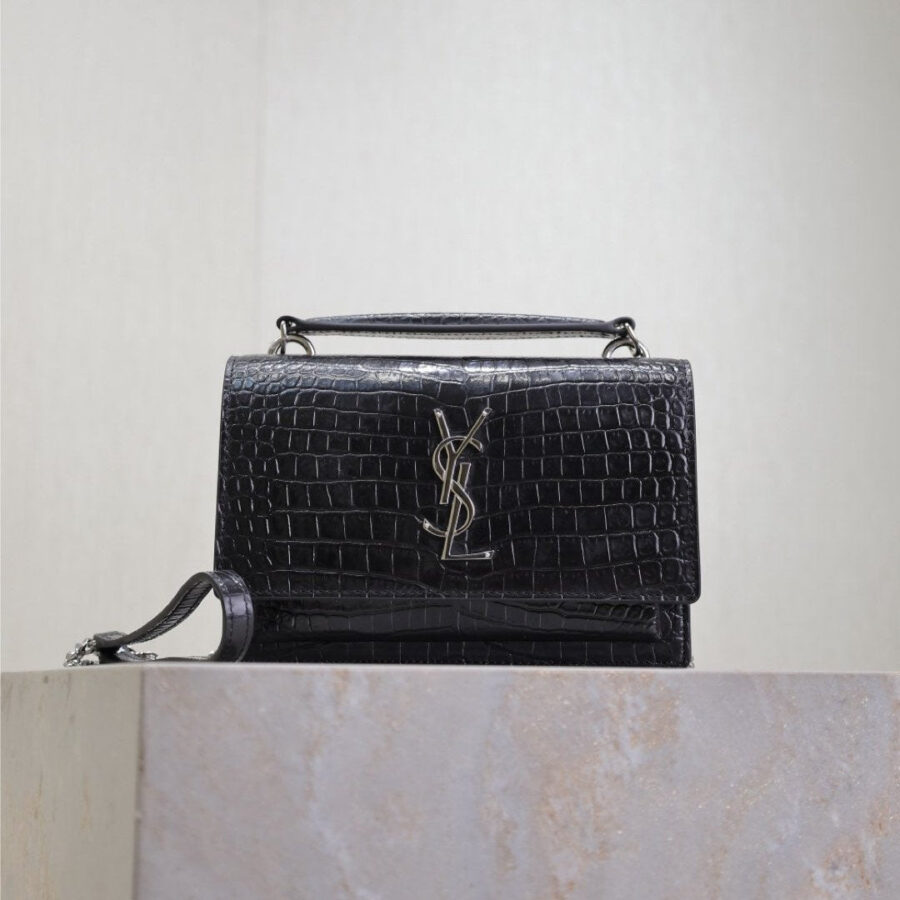SUNSET SMALL BAG 19 IN BLACK CROCODILE-EMBOSSED CALFSKIN SILVER HARDWARE | Studio Nafay