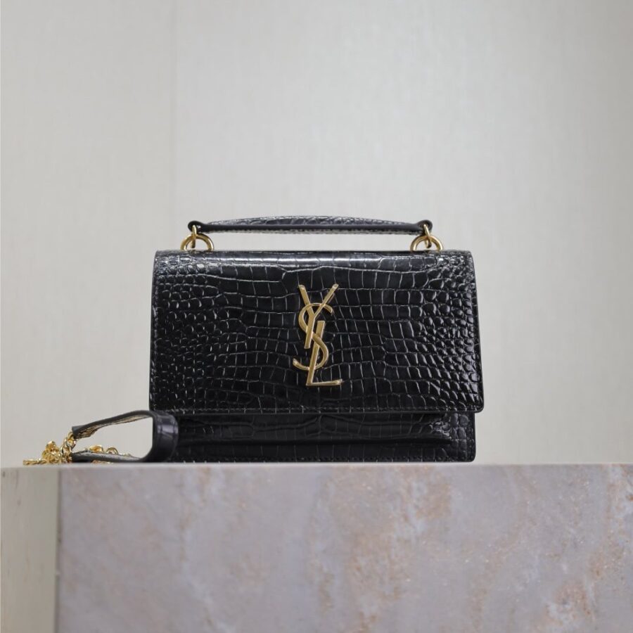 SUNSET SMALL BAG 19 IN BLACK CROCODILE-EMBOSSED CALFSKIN COPPER HARDWARE | Studio Nafay