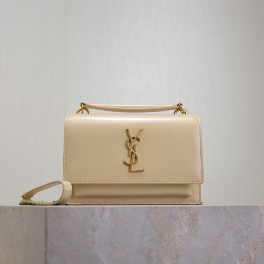 SUNSET SMALL BAG 19 IN BEIGE CALFSKIN GOLD HARDWARE | Studio Nafay