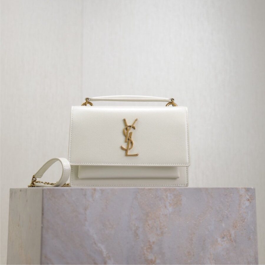 SUNSET SMALL BAG 19 IN WHITE CALFSKIN GOLD HARDWARE | Studio Nafay