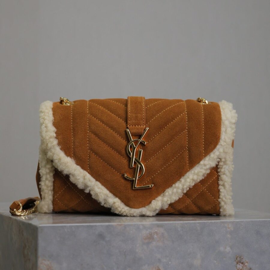 ENVELOPE CHAIN BAG 21 IN BRONZE BROWN SUEDE AND WHITE SHEARLING TRIM GOLD HARDWARE | Studio Nafay