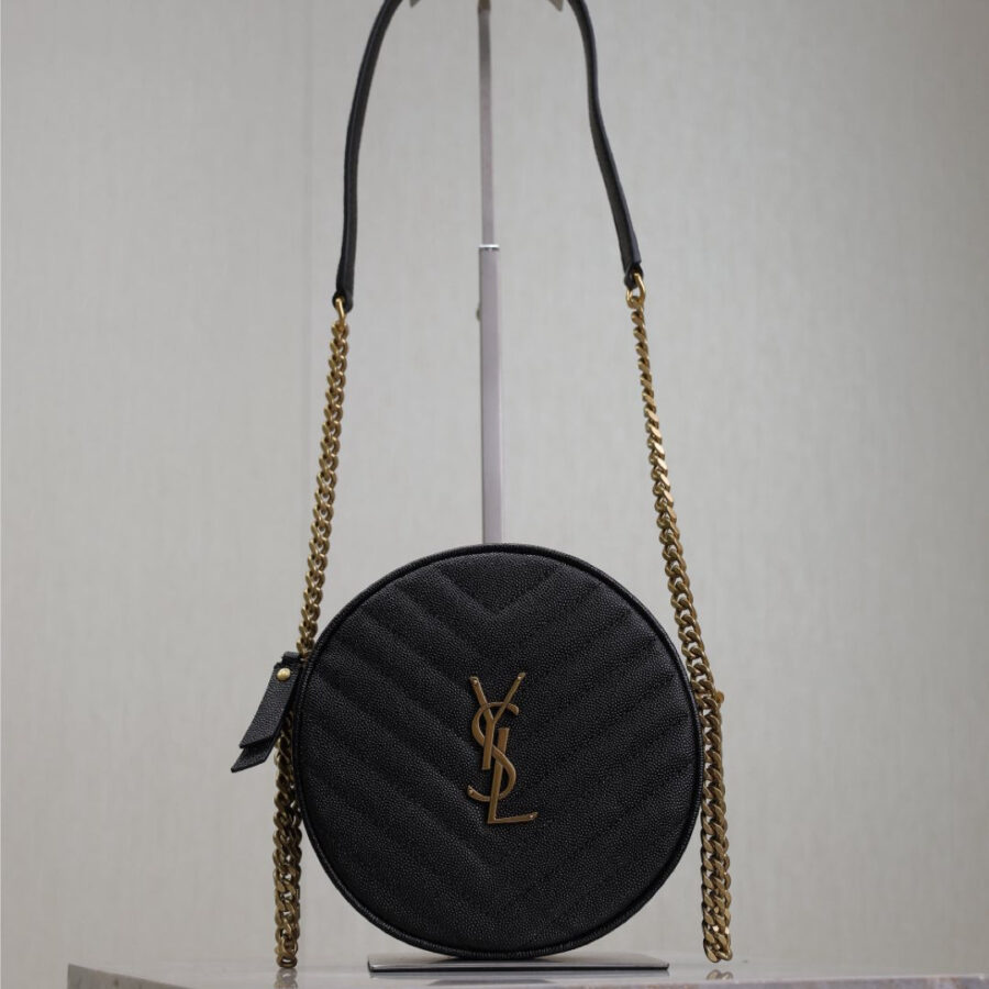 VINYLE SMALL ROUND BAG 17 IN BLACK CAVIAR LEATHER GOLD HARDWARE | Studio Nafay