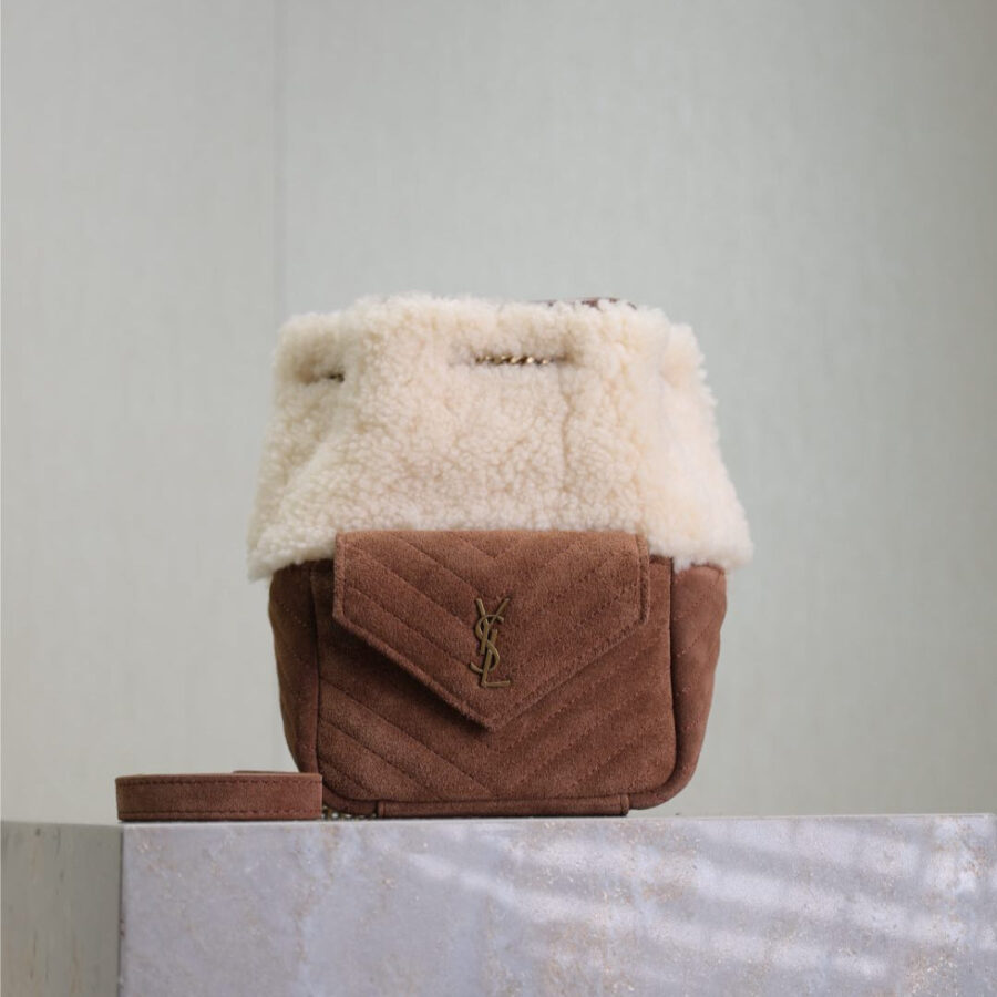 JOE MINI BUCKET BAG 19 IN WHITE SHEARLING AND BROWN SUEDE | Studio Nafay