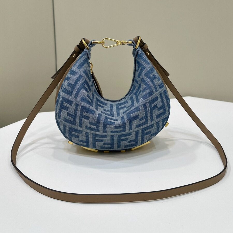 FENDIGRAPHY MINI 20 BAG IN AEGEAN BLUE DENIM FABRIC WITH GOLD HARDWARE | Studio Nafay