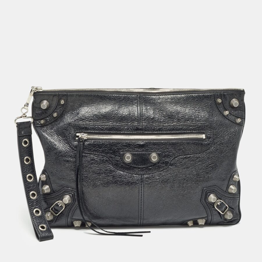 BALENCIAGA Black Leather Le Cagole Wristlet Pouch | Studio Nafay