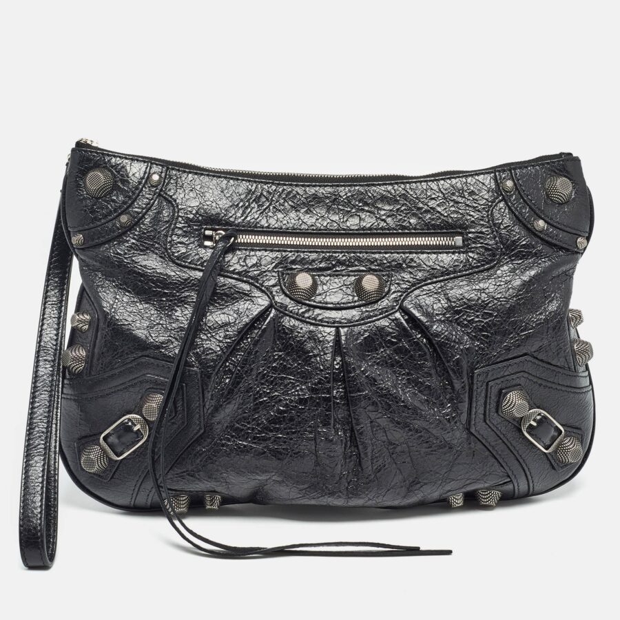 BALENCIAGA Black Leather SGH Flat Wristlet Clutch | Studio Nafay