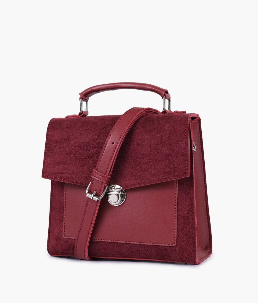 Maroon suede push-lock messenger bag | Studio Nafay