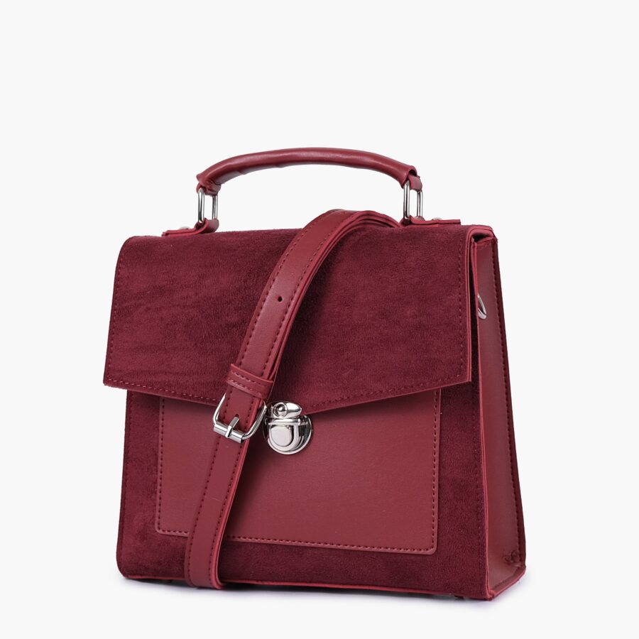 Maroon suede push-lock messenger bag | Studio Nafay