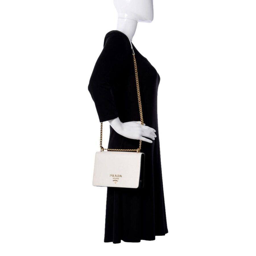 Prada Bianco White Black Saffiano Leather Chain Crossbody Bag | Studio Nafay