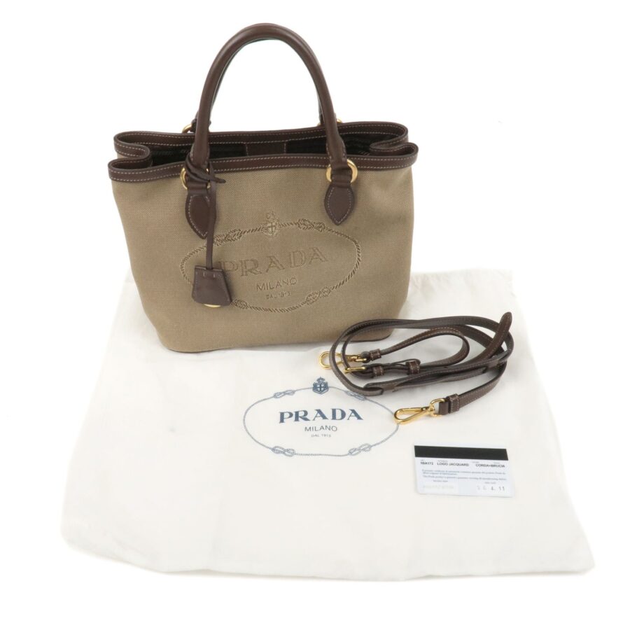 Prada Logo Jacquard Beige Canvas Leather Trim Crossbody Satchel Bag | Studio Nafay