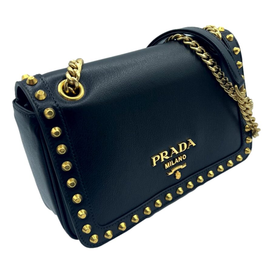 Prada Pattina Black Calf Leather Studded Flap Chain Crossbody Bag | Studio Nafay
