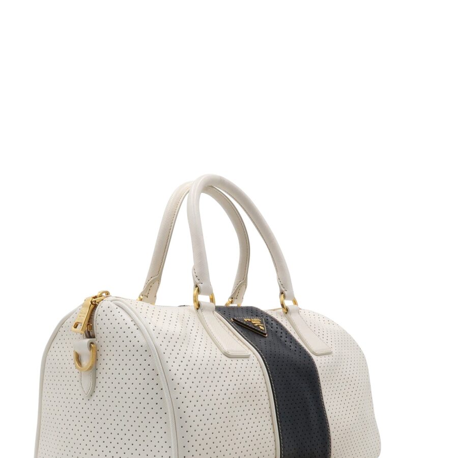 Saffiano Fori Perforated Boston Bag Bianco Black | Studio Nafay