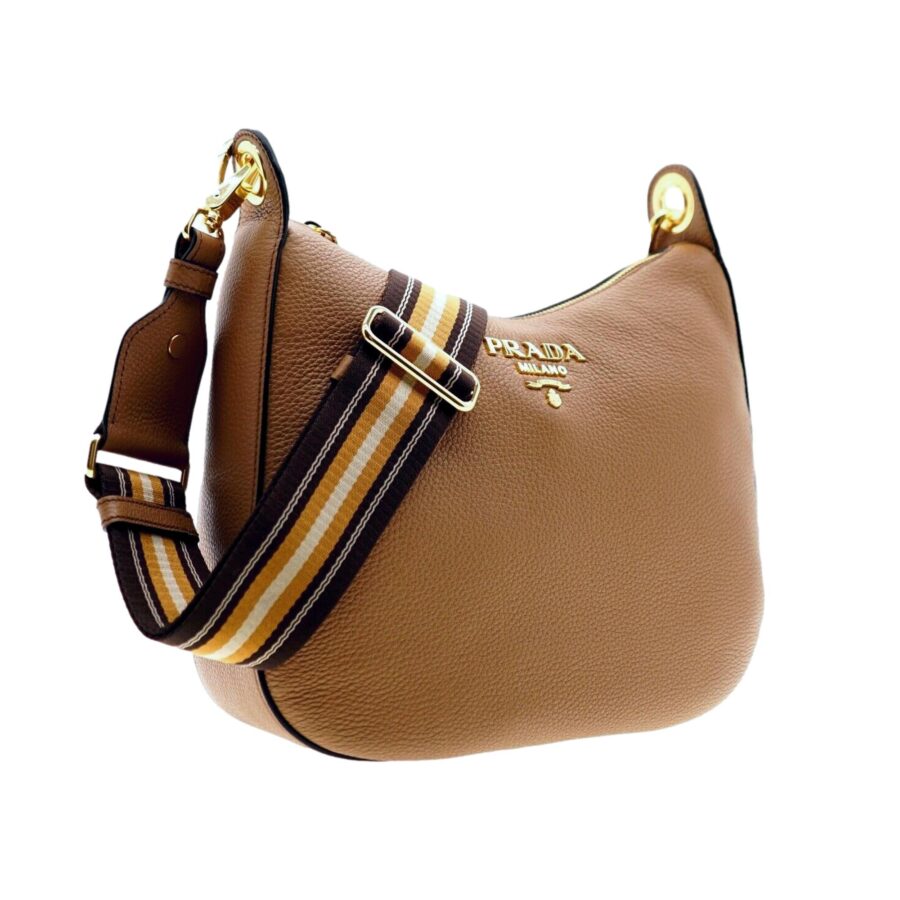 Prada Vitello Phenix Caramel Brown Leather Web Stripe Crossbody Bag | Studio Nafay