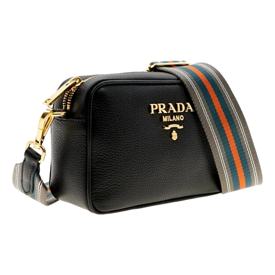 Prada Milano Vitello Phenix Nero Leather Crossbody Bag Web Stripe Strap | Studio Nafay