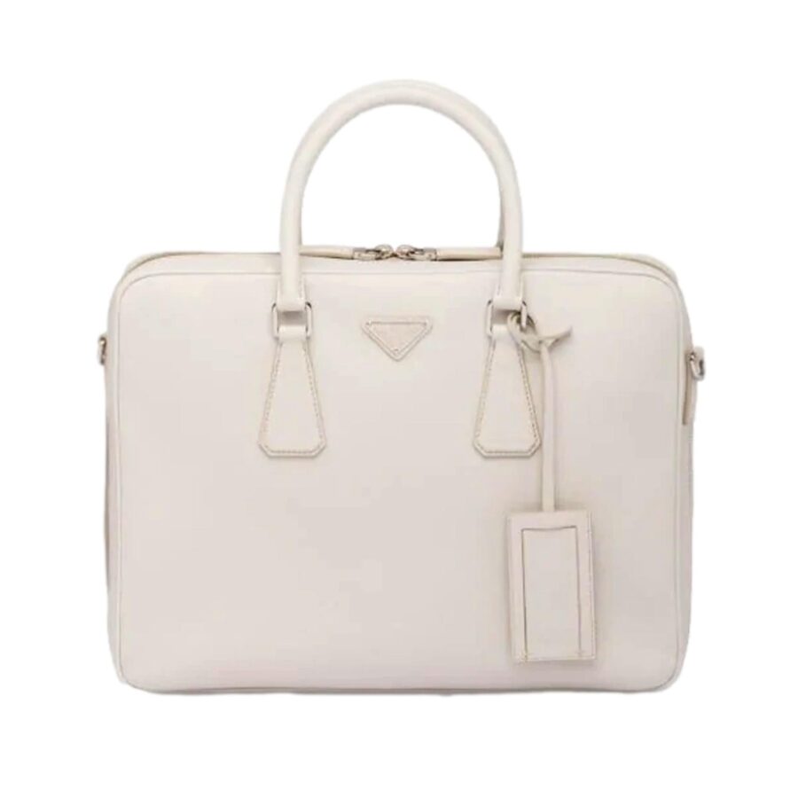 Prada Saffiano Ivory Leather Satchel Weekender Travel Tote Bag Crossbody | Studio Nafay