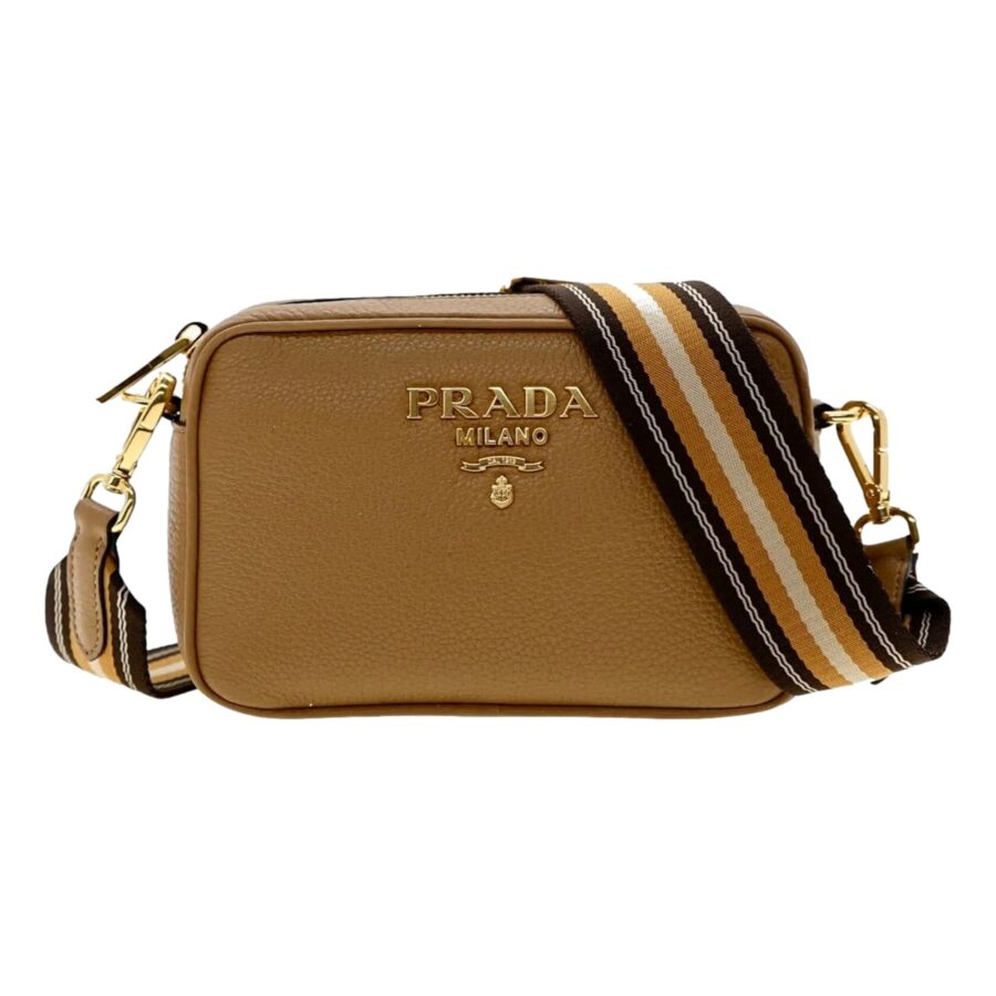 Prada Tan Caramel Leather Crossbody Bag Web Stripe Strap | Studio Nafay