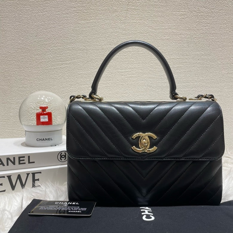 Chanel Trendy CC V Black Leather Top Handle Bag