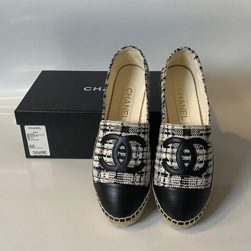 Chanel Tweed Black Slip-On Espadrille Flats