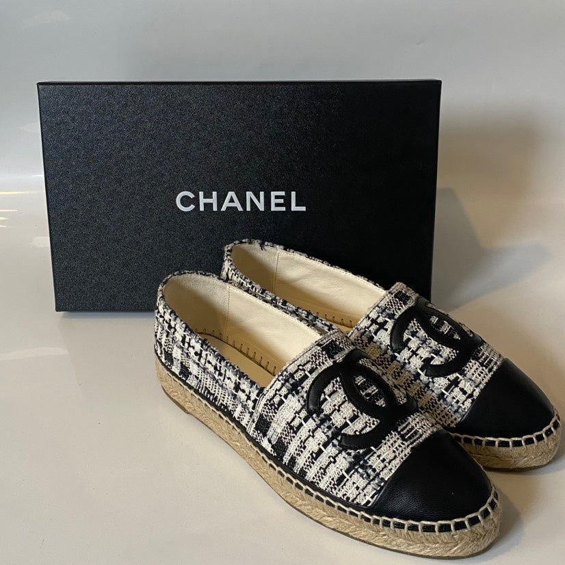 Chanel Tweed Black Slip-On Espadrille Flats | Studio Nafay