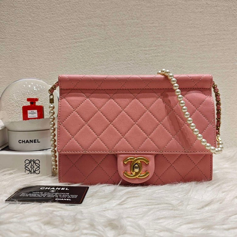 Chanel Pink Envelope Flap Bag with Pearl Chain
