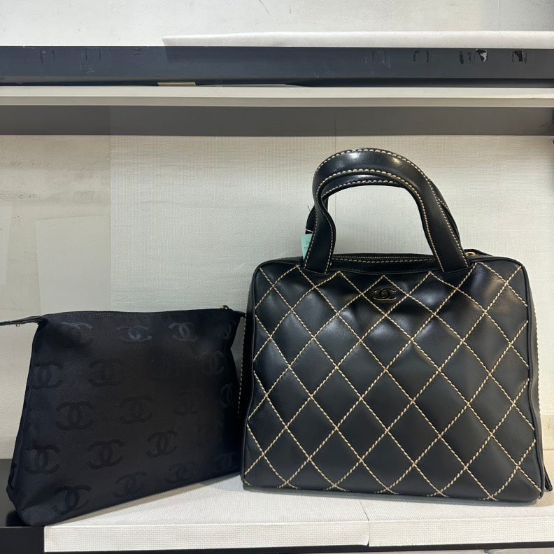 Chanel Wild Stitch Black Leather Handbag with Pouch Medium Size | Studio Nafay