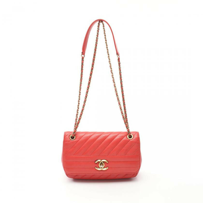 Chanel Chevron Bias Stitch Chain Shoulder Bag Leather Orange Red with Antique Gold Hardware | Studio Nafay